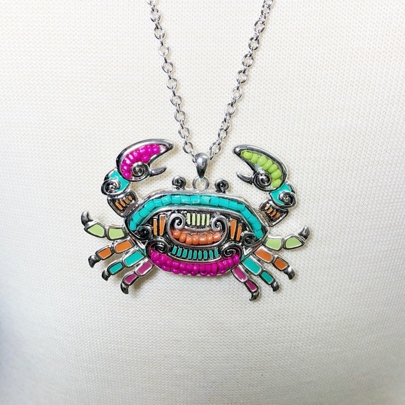 Long Multicolor Bead Painted Crab Silver Necklace - Picture 2 of 6